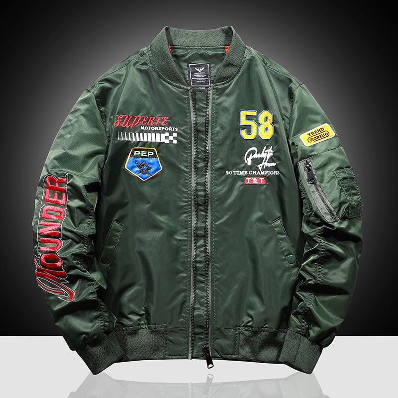 Herren Bomberjacke im Vintage‑Motorsport‑Look mit Ärmel‑Utilitytasche und Patch‑Applikationen Drune