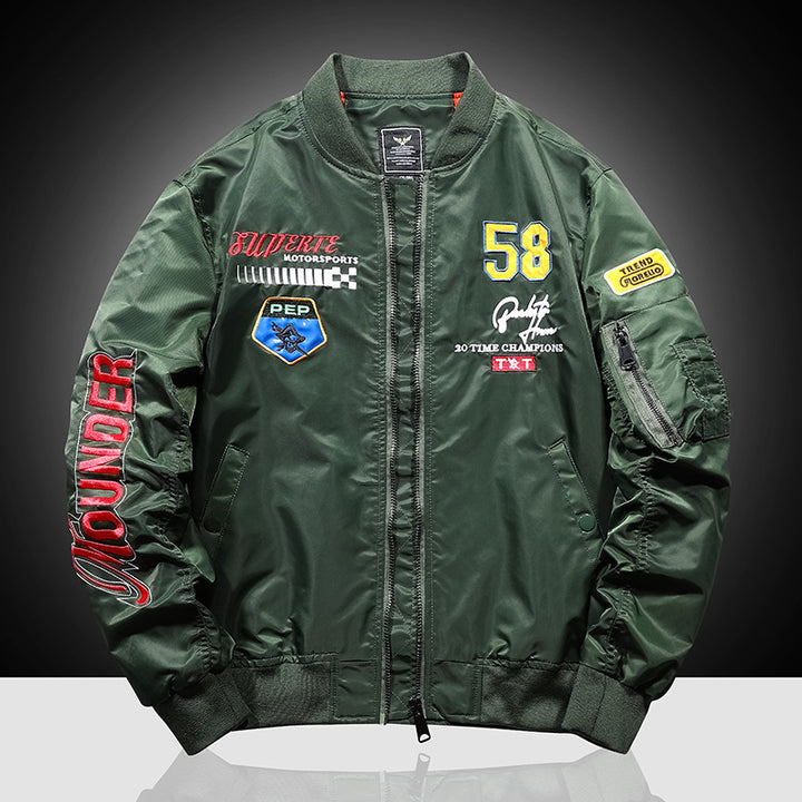 Herren Bomberjacke im Vintage‑Motorsport‑Look mit Ärmel‑Utilitytasche und Patch‑Applikationen Drune
