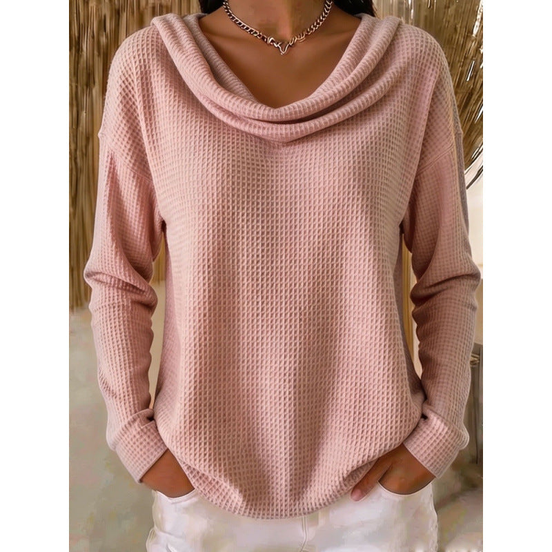 Damen Lässiger Waffelstrick-Pullover mit weitem Wasserfallkragen und gerundetem Saum Drune