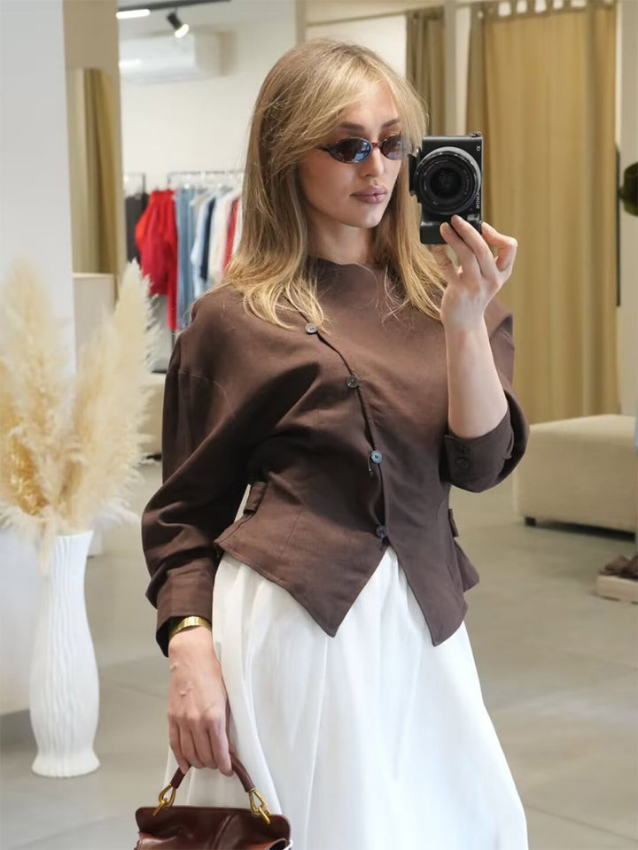 Damen Asymmetrische taillierte Bluse mit diagonaler Knopfleiste Drune