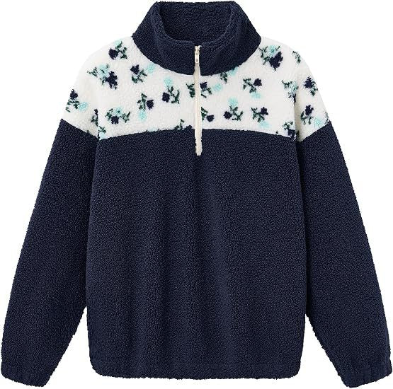 Damen Teddy-Fleece-Pullover mit Stehkragen, floralem Besatz und halbem Reißverschluss Drune
