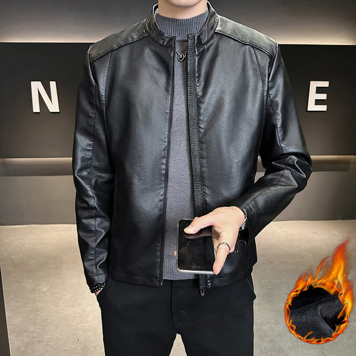 Herren Modische Kunstlederjacke mit hohem Kragen Drune