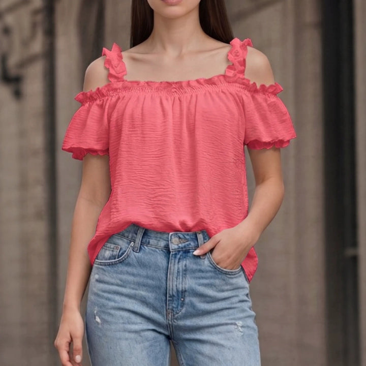 Damen Schulterfreies Crinkle-Top mit Smok-Bandeau, Rüschen‑Trägern und Flügelärmeln Drune