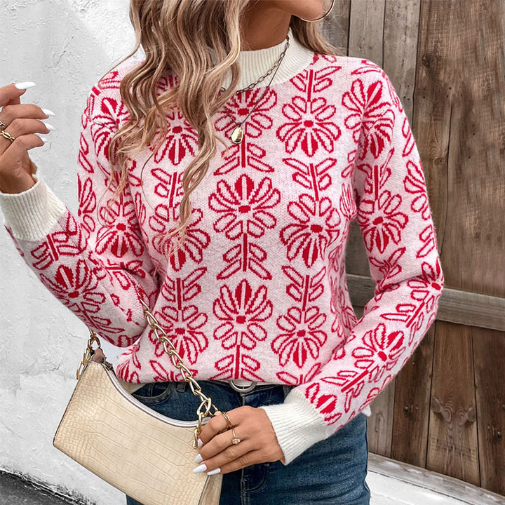 Damen GDrunelümter Jacquard-Strickpullover mit Rundhalsausschnitt und gerippten Bündchen Drune