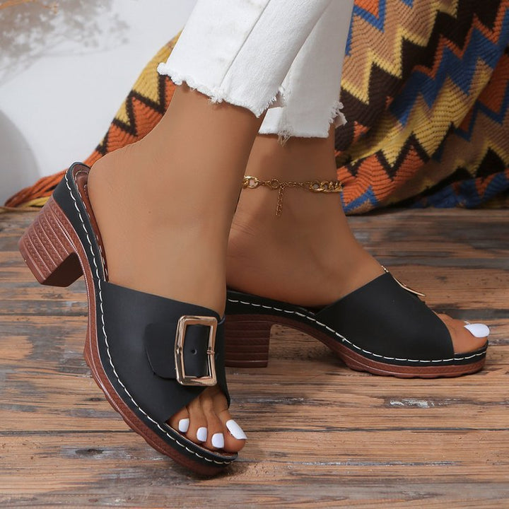 Damen Offene Slip-On Mules mit mittelhohem Blockabsatz und großer Zierschnalle Drune