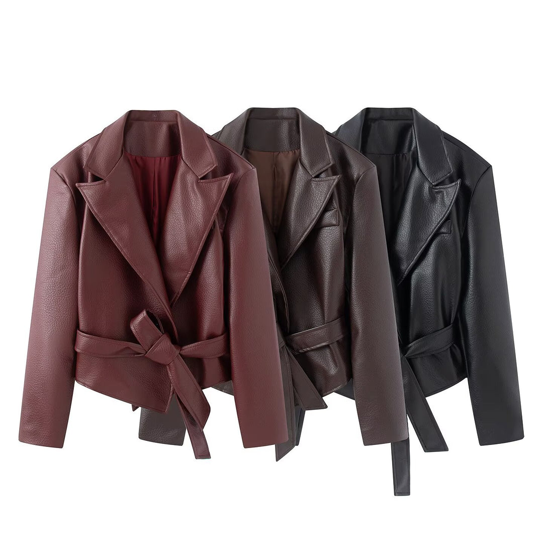 Damen Taillierte Kunstlederjacke mit Schalkragen und Bindegürtel Drune