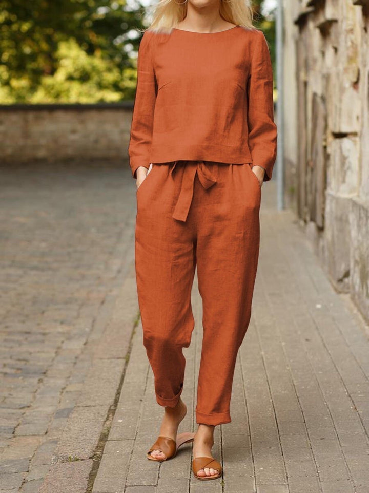 Damen Lässiges Leinen-Loungewear-Set mit Rundhalsausschnitt, Bindegürtel und knöchellanger Hose Drune