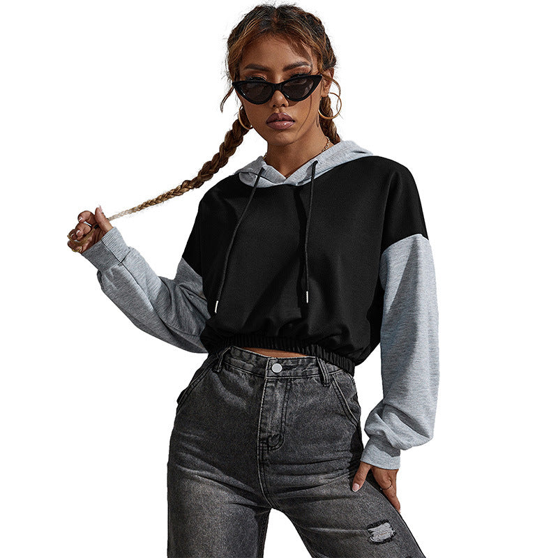 Damen Kurz geschnittener Cropped-Hoodie mit Colorblock-Ärmeln, Tunnelzug und elastischem Saum Drune