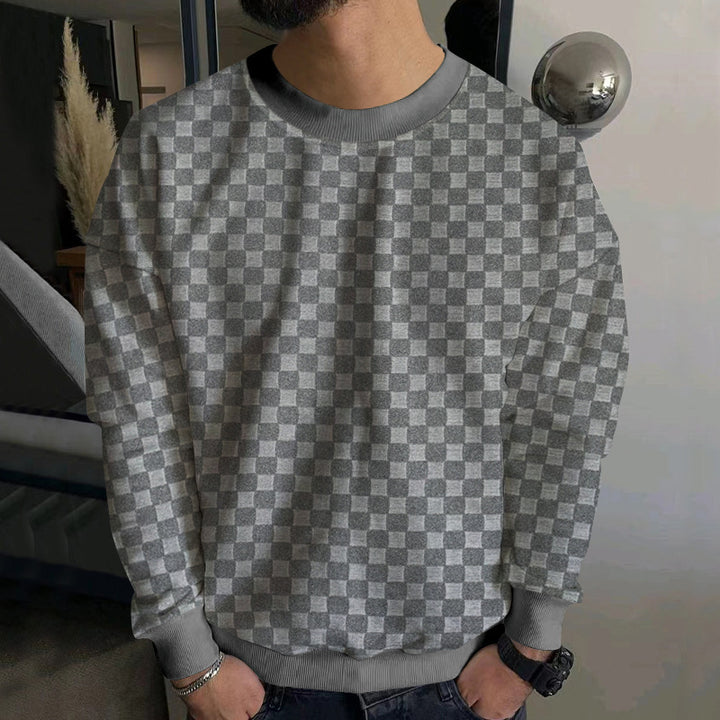 Herren Strukturiertes Baumwoll-Sweatshirt mit Karo-Prägung und Rundhalsausschnitt Drune