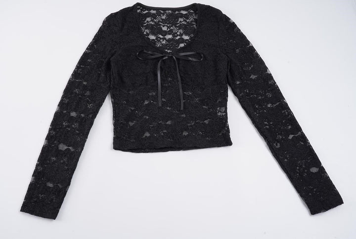 Damen Transparentes Spitzen-Cropped-Top mit langen Ärmeln und Satinschleife Drune