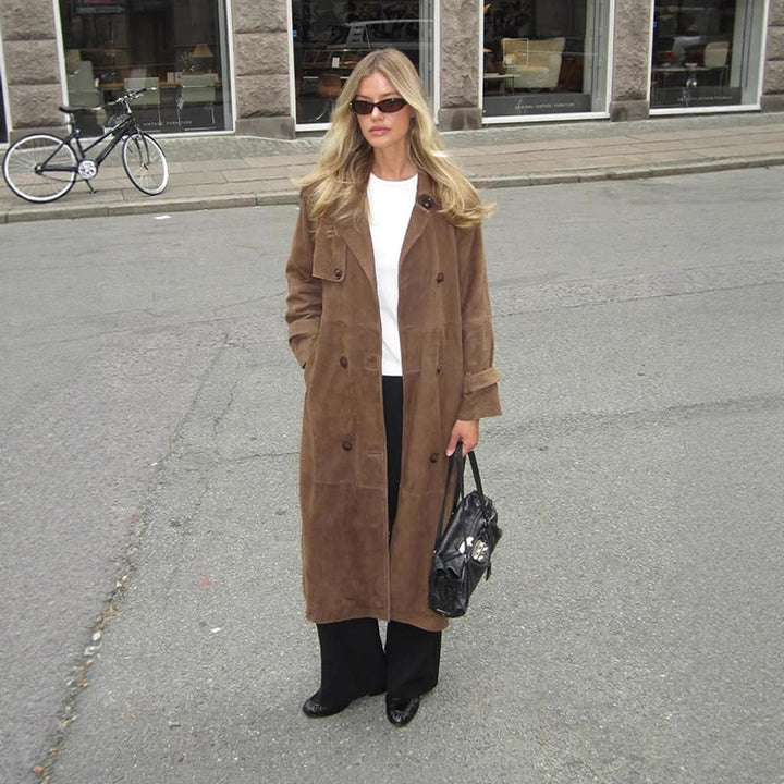 Damen Langer Wildleder‑Trenchcoat mit doppelreihiger Knopfleiste Drune