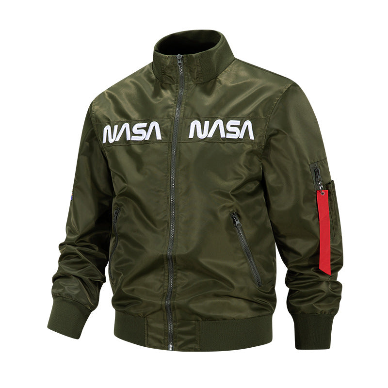 Men's  metallic pilot-style zip-up bomber jacket with embroidered chest panels and angled zip hand pockets Drune