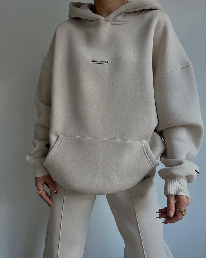 Damen Set Schwere French‑Terry Oversize‑Kapuzenpullover mit Kängurutasche und Slim‑Jogginghose Drune