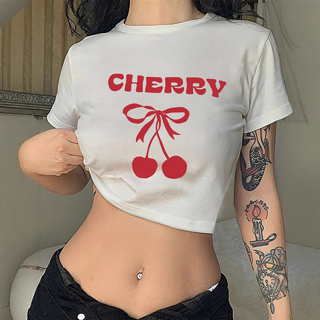 Damen Crop-T-Shirt mit verspieltem Kirschmotiv und elegantem Schleifenprint Drune