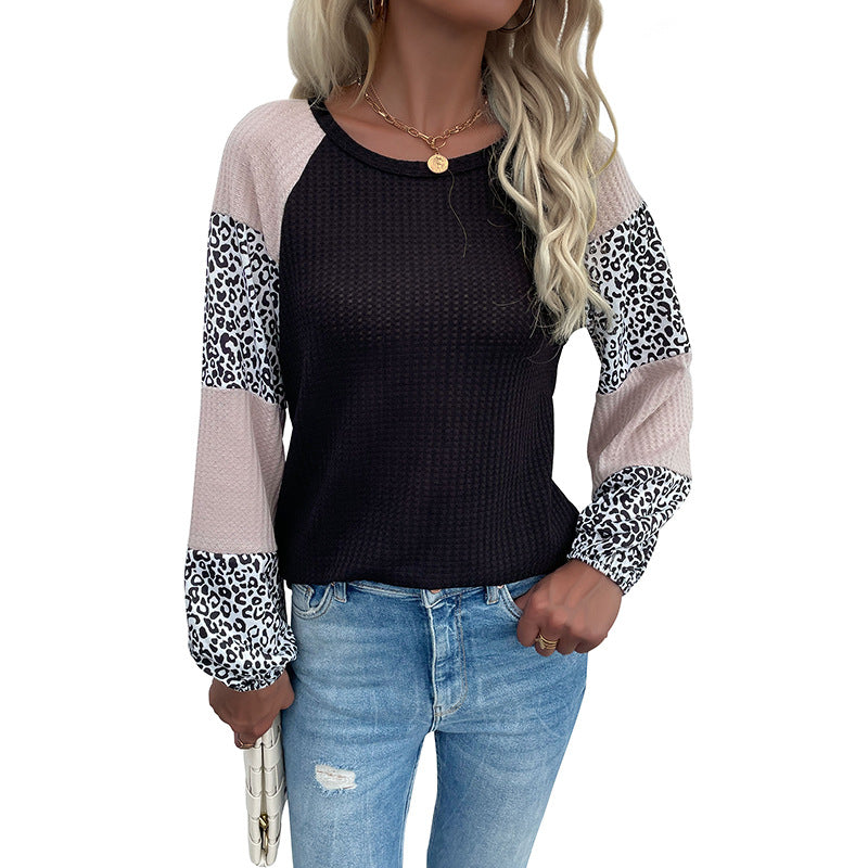 Damen Raglan-Langarmshirt aus Waffeljersey mit Colorblock-Ärmeln und Leoparden-Details Drune