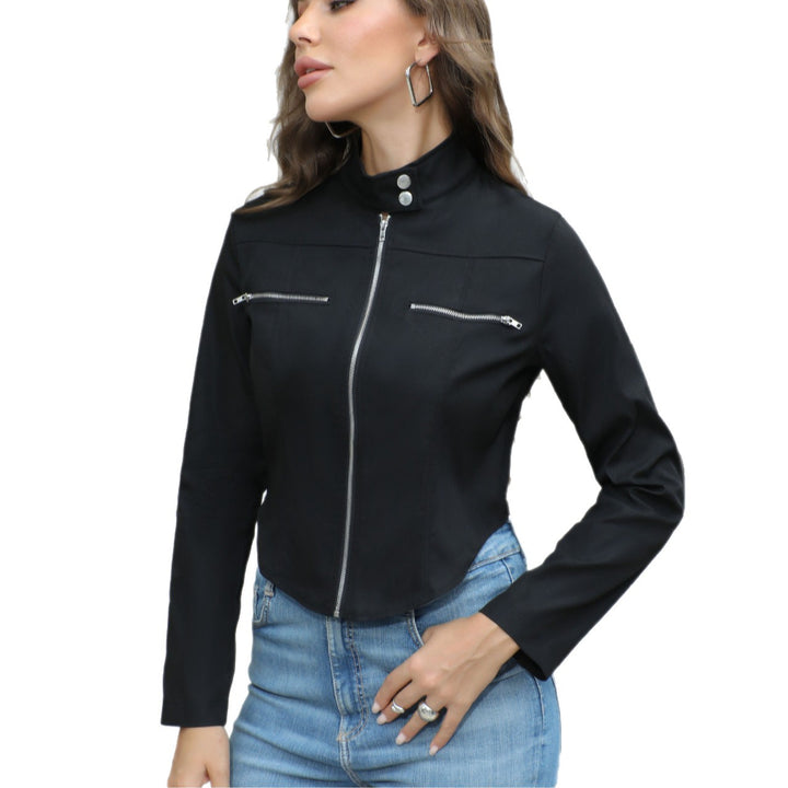 Damen Kurzjacke im Bikerstil mit Stehkragen, Metall-Reißverschlüssen & Druckknopfalte Drune