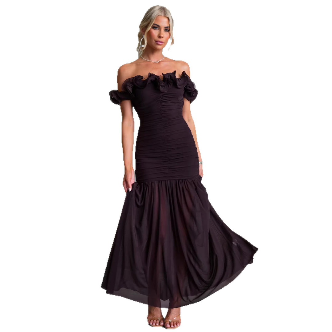 Damen Off-Shoulder Maxikleid mit voluminösen Rüschendetails und elegantem Taillenschnitt Drune