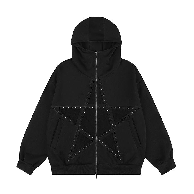 Damen Oversize Kapuzen-Zipjacke mit Nieten-Sternmotiv und hohem Kragen Drune