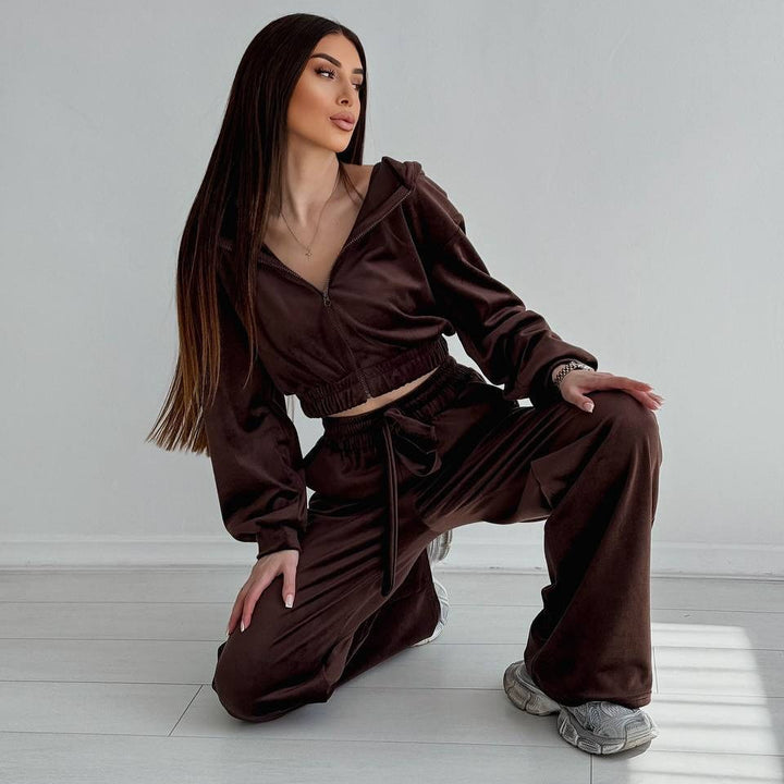 Damen Zweiteiliges Samt-Loungewear-Set mit Cropped-Zipjacke und weiter High-Waist-Sweathose Drune