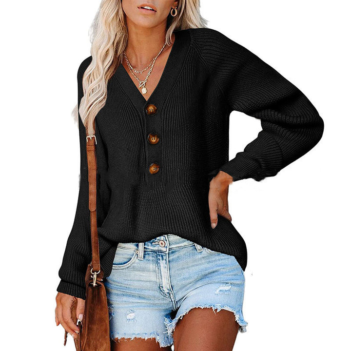 Damen Gerippter Strickpullover mit V‑Ausschnitt, Zierknopfleiste und Ballonärmeln Drune