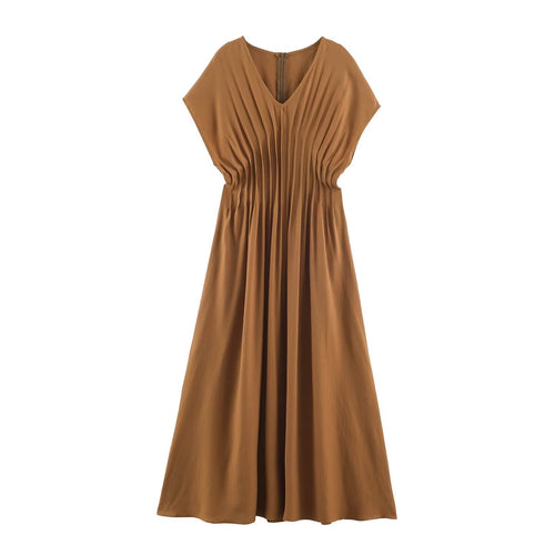 Damen Plissiertes Midikleid mit V-Ausschnitt und taillierter Silhouette Drune