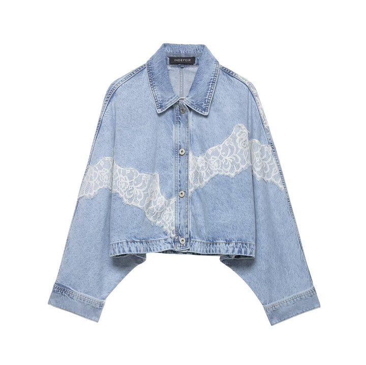 Damen Kurz geschnittene Oversize-Jeansjacke mit Spitzendetail und Fledermausärmeln Drune