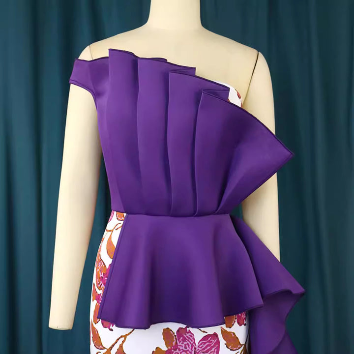 Damen elegantes Kleid mit asymmetrischem Rüschendesign und floralen Mustern Drune