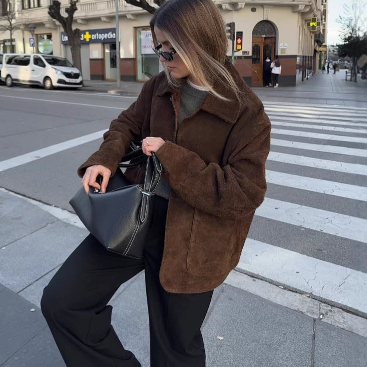 Damen Oversized Teddyjacke mit Knopfverschluss und großen Taschen Drune