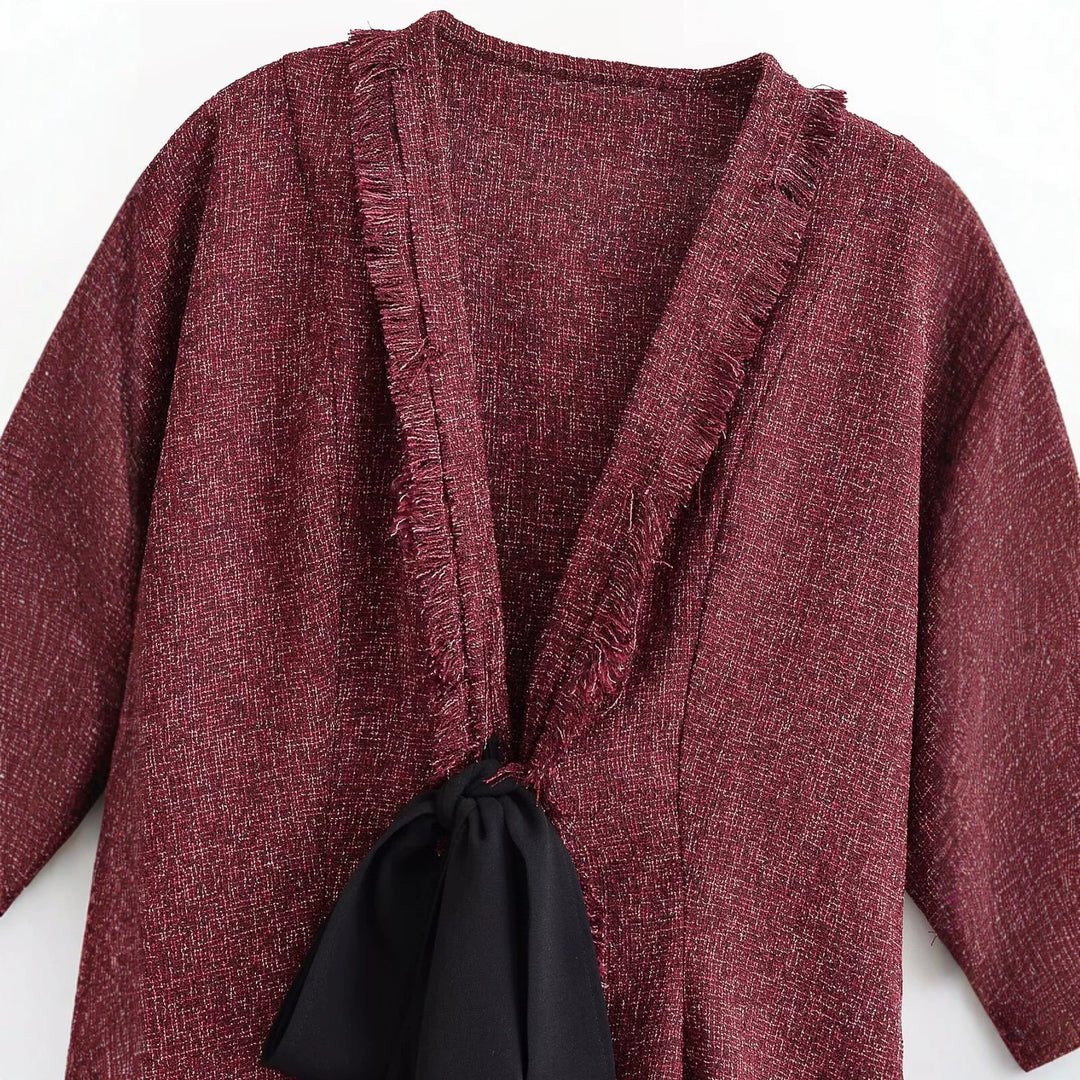 Damen Tweed-Kimonojacke mit Fransenbesatz und dekorativem Bindeschal Drune