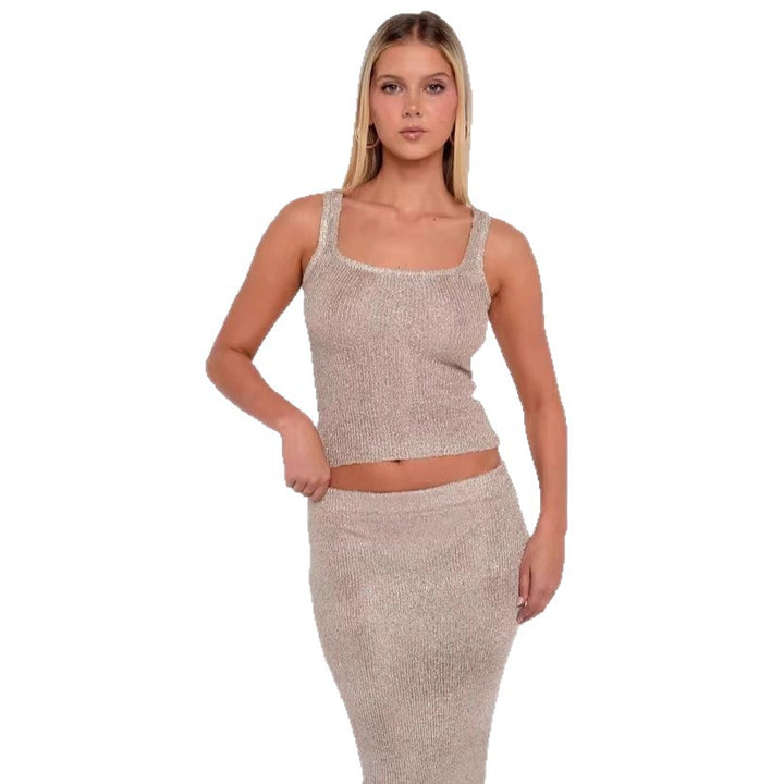 Damen Feinstrick Crop-Top und Midi-Rock Set Drune