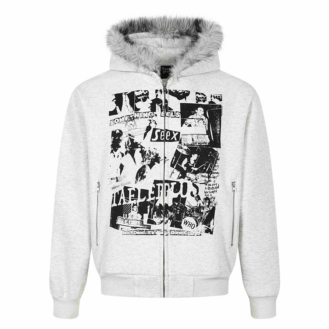Damen Kapuzen‑Sweatjacke mit Kunstfellbesatz, Frontzip und Collage‑Print Drune