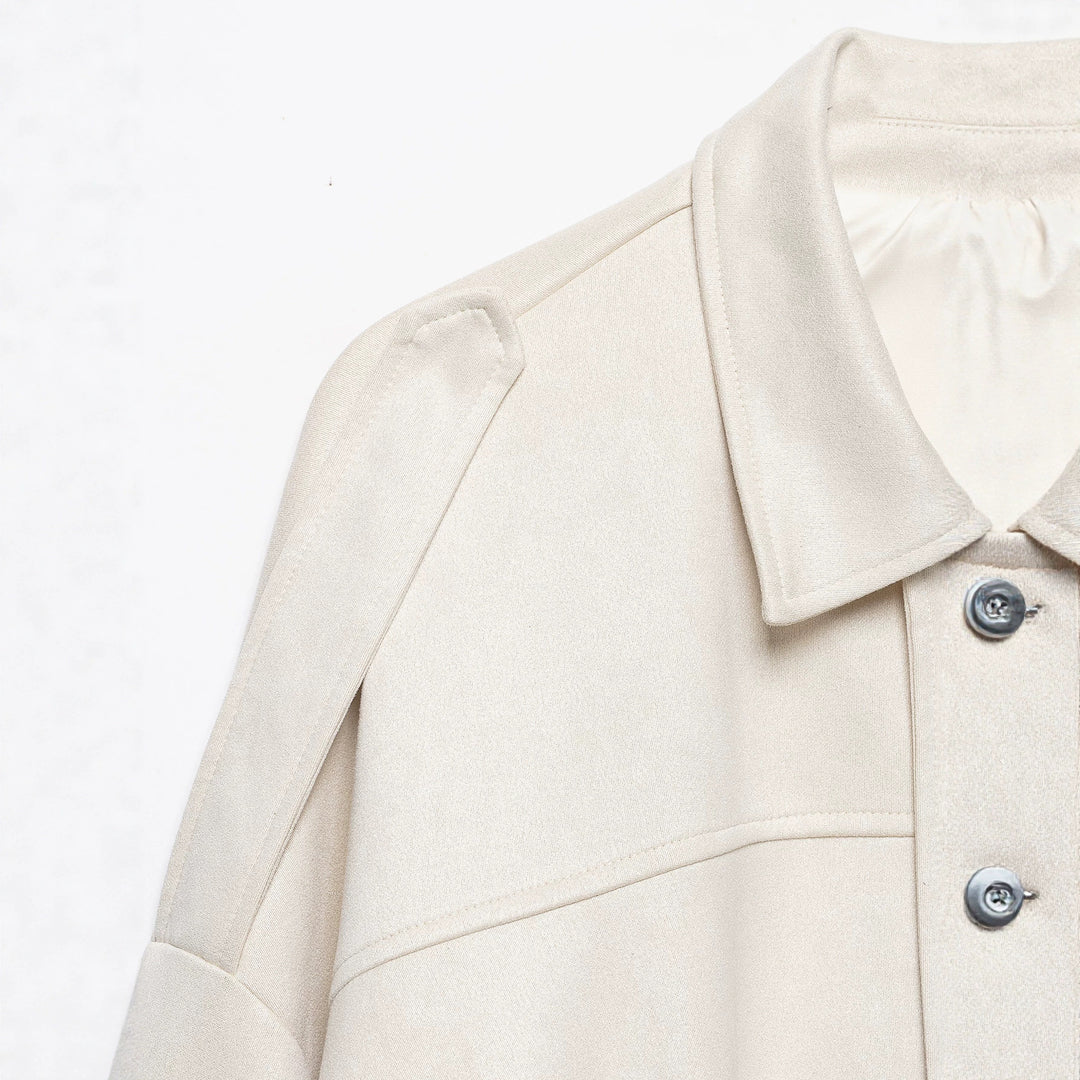 Damen Cropped-Boxy-Jacke aus Veloursoptik mit Hemdkragen, weiten Raglanärmeln und Tunnelzug Drune
