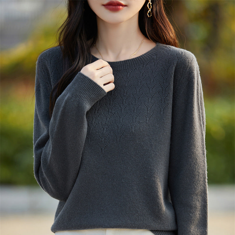Damen Weicher Rundhalspullover im Kaschmir‑Look mit feinem Ajourmuster und anschmiegsamer Passform Drune