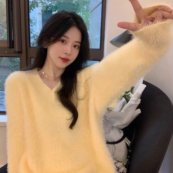 Damen Flauschiger V-Ausschnitt Pullover mit weichem Material und lässigem Schnitt Drune