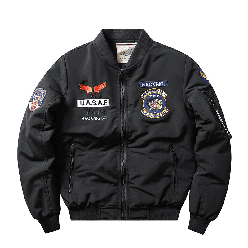 Herren  Insignia-bestickte leichte Pilot Bomberjacke mit Reißverschlussärmel Utility-Tasche Drune
