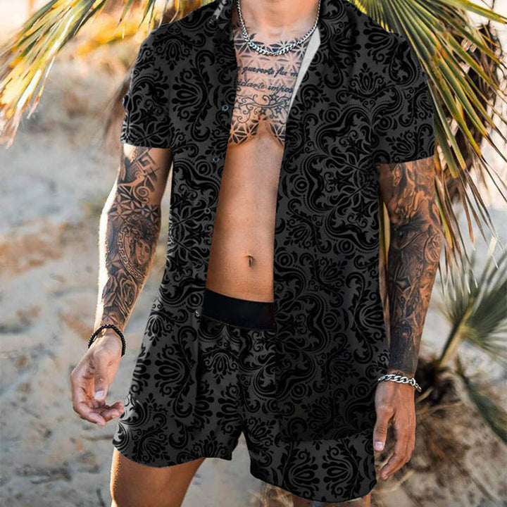 Herren nan barockgemustertes Kurzarm-Hemd mit passender locker geschnittener Shorts Drune