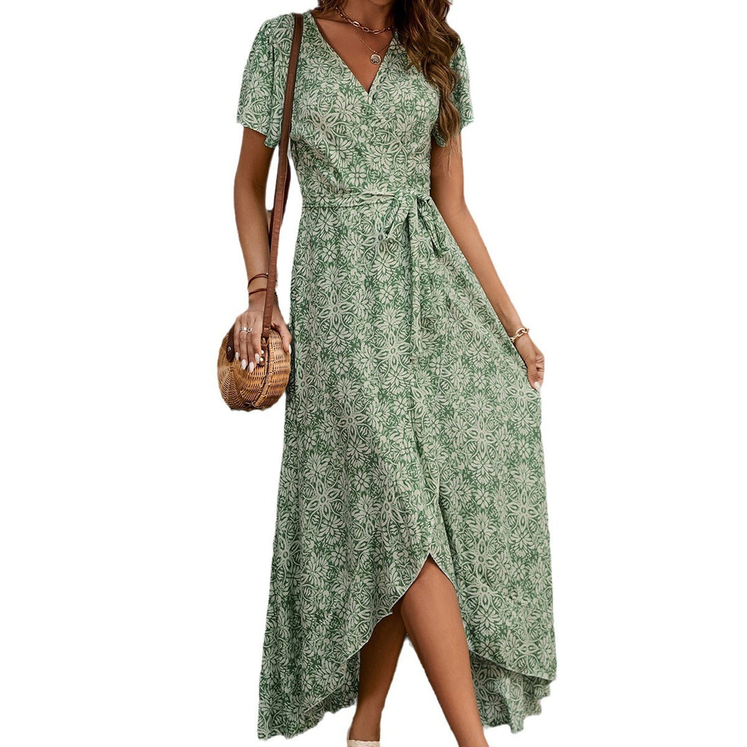 Damen Maxi-Wickelkleid mit asymmetrischem Saum und tropischem Muster Drune