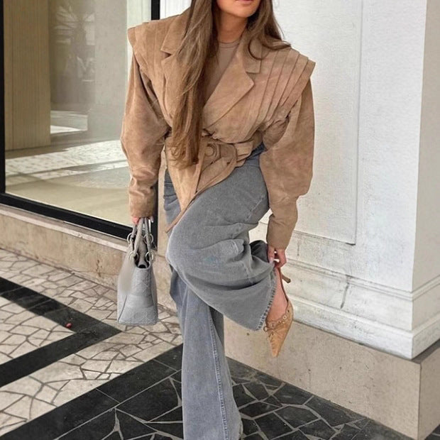 Damen Eleganter Blazer mit strukturierten Details und Taillengürtel Drune