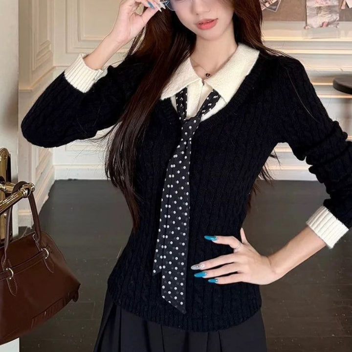 Damen Ribbed Strickpullover mit Hemdkragen und Krawatte Drune