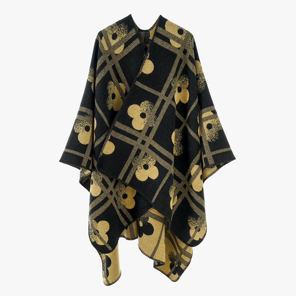 Damen Reversibler Jacquard-Poncho aus Wollmix mit floralem Karo‑Motiv und Zierkettelnaht Drune