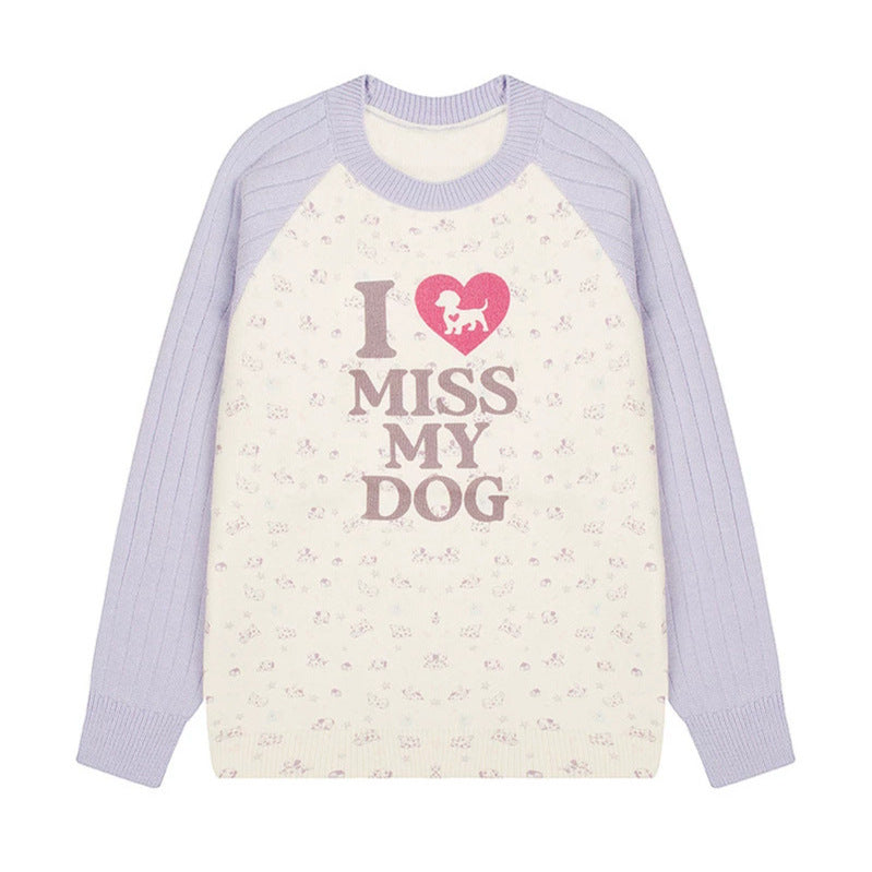 Damen Strickpullover mit Raglanärmeln, Allover-Hundemotiv und Statement-Print Drune