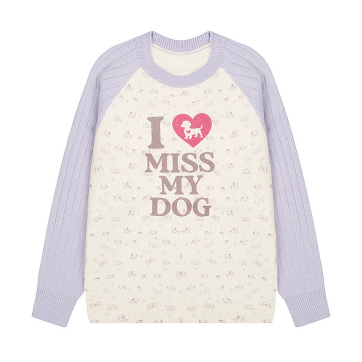 Damen Strickpullover mit Raglanärmeln, Allover-Hundemotiv und Statement-Print Drune