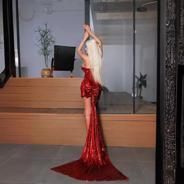 Damen Glitzerndes Abendkleid mit Schleppe und trägerlosem Design Drune