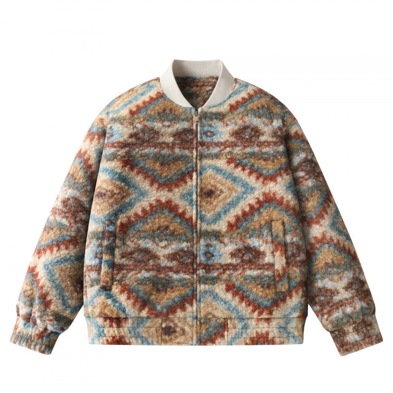 Unisex Boxy-Fleece‑Bomberjacke mit Aztekenmuster und Reißverschluss Drune