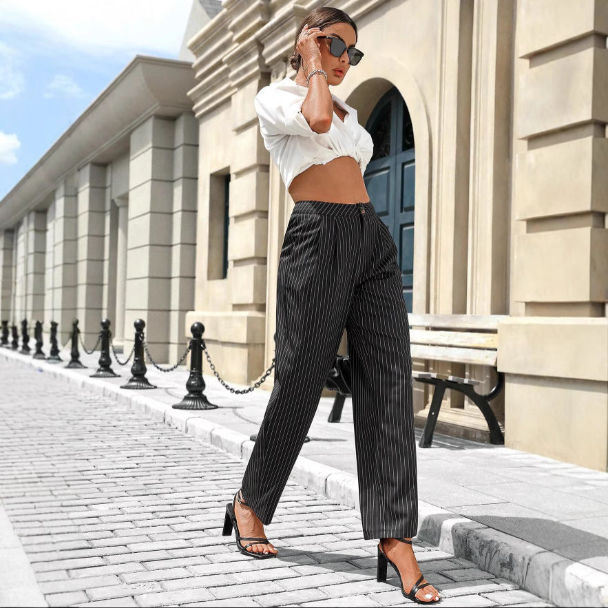Damen elegante gestreifte Hochbundhose Drune