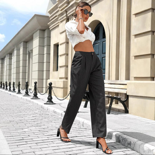 Damen elegante gestreifte Hochbundhose Drune