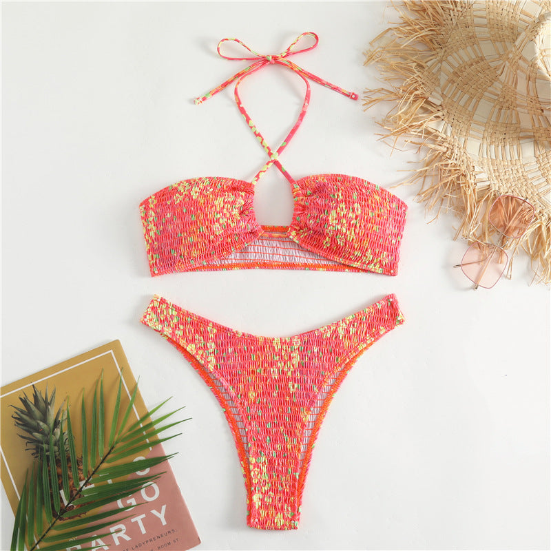 Damen Bandeau-Bikini mit verspieltem Wickeldetail und buntem Design Drune