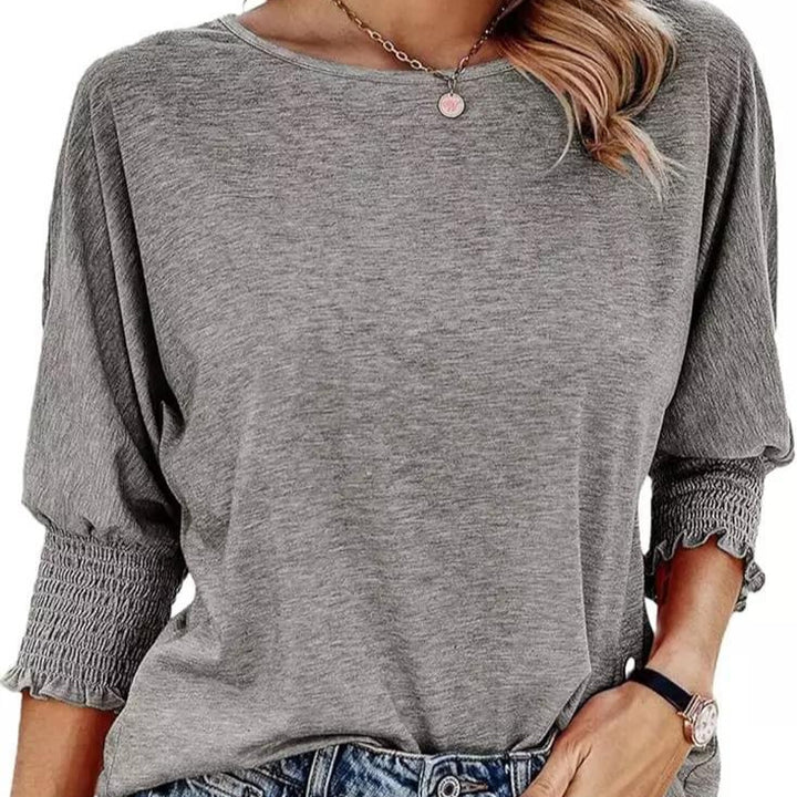 Damen lässiges T-Shirt mit voluminösen Puffärmeln und elastischem Bund Drune