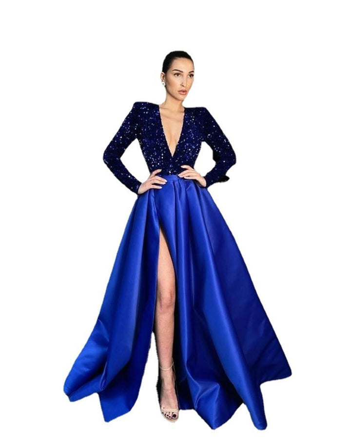 Damen Glamouröses Abendkleid mit tiefem V-Ausschnitt und hochgeschnittenem Rock Drune