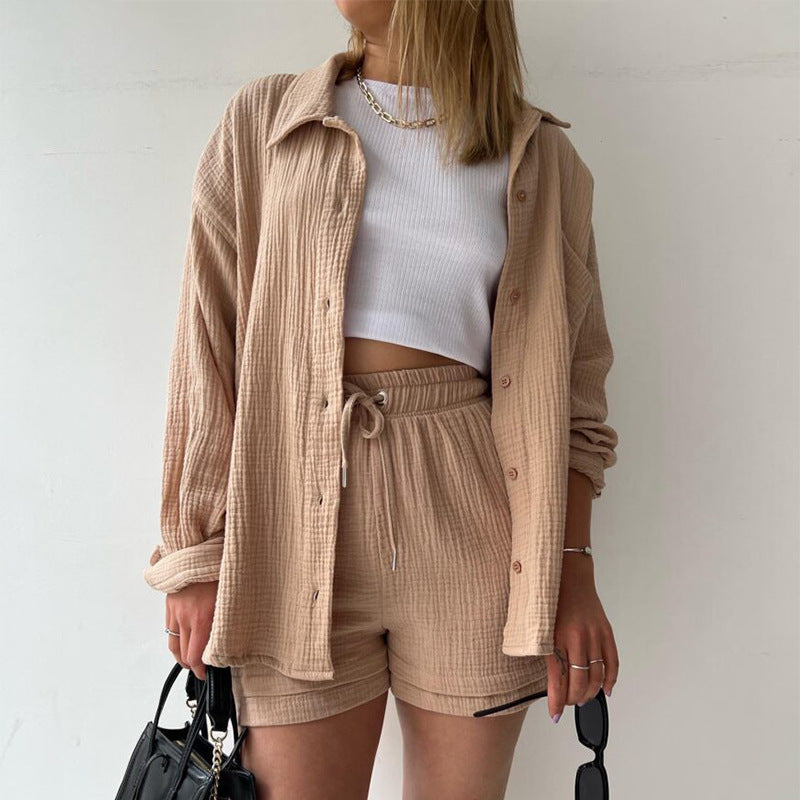 Damen nan lässiges oversized Hemd und Shorts Set mit Brusttasche Kordelbund und gerauter Baumwollstruktur Drune